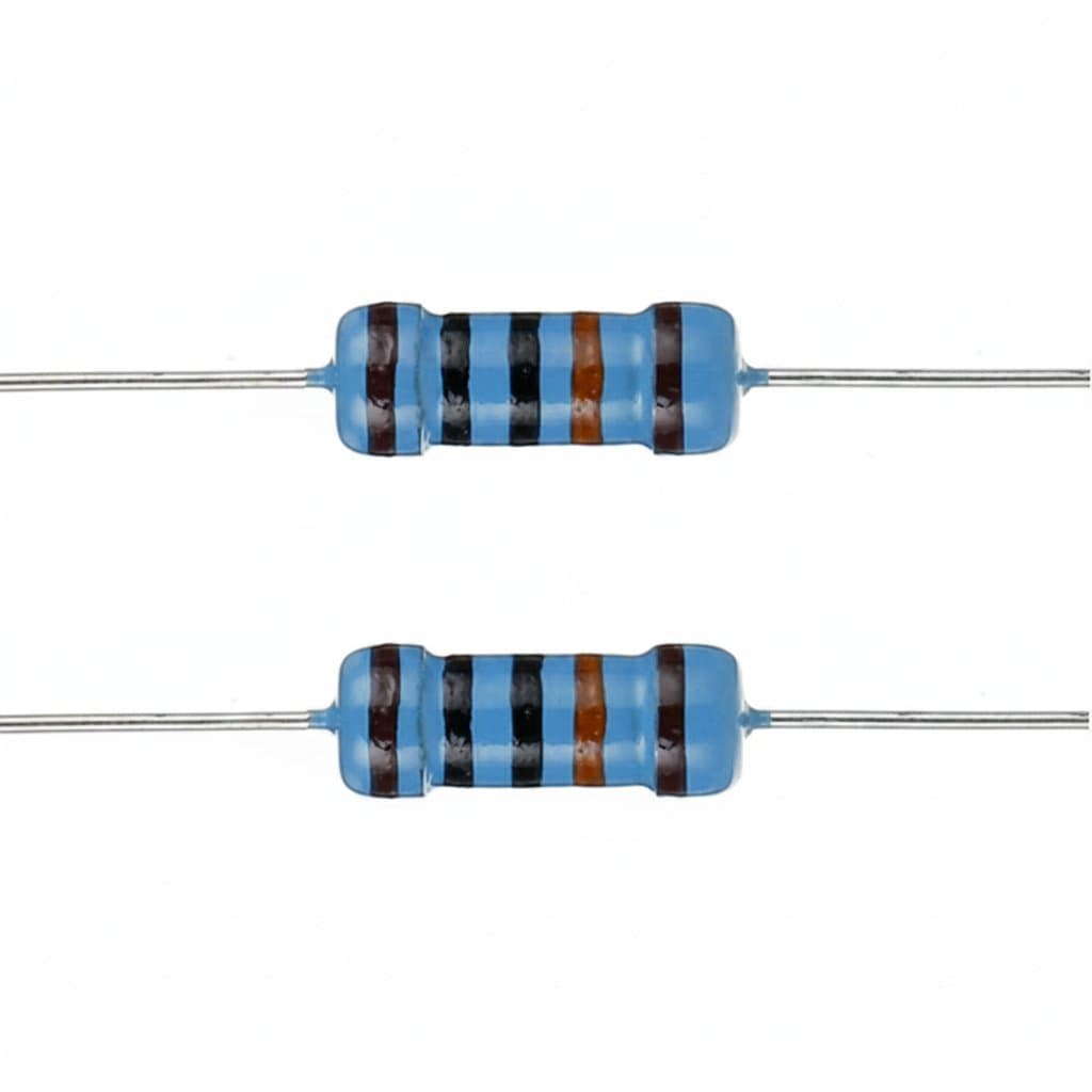 20-piece set of 1-watt metal film resistors with five-color rings, values from 1 ohm to 100K ohm for electronics projects.