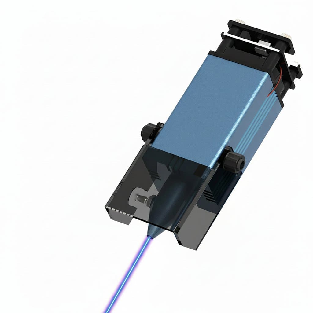 AENBUSLM 40W 80W blue laser engraving head mounted on a CNC machine, showing its compact aluminum housing and integrated air assist nozzle.