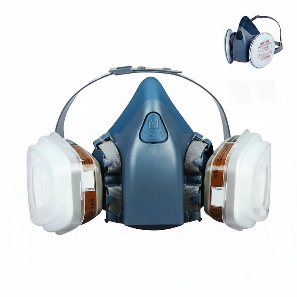 17-in-1 7502 half face respirator mask with filters, for protection against dust, paint spray, and organic vapors during construction work.