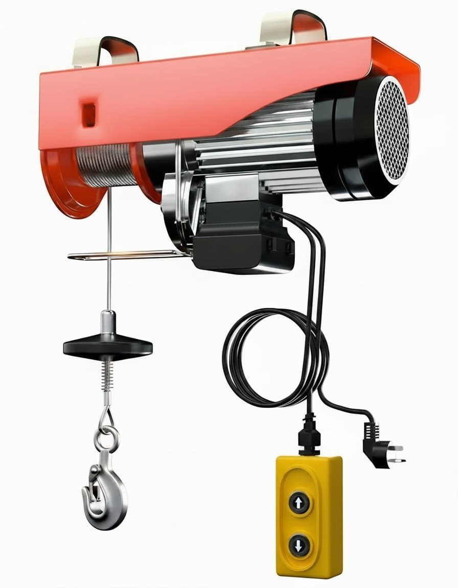 Electric hoist crane with steel winch and remote control for 100-400kg lifting, ideal for garage or workshop 220V power.