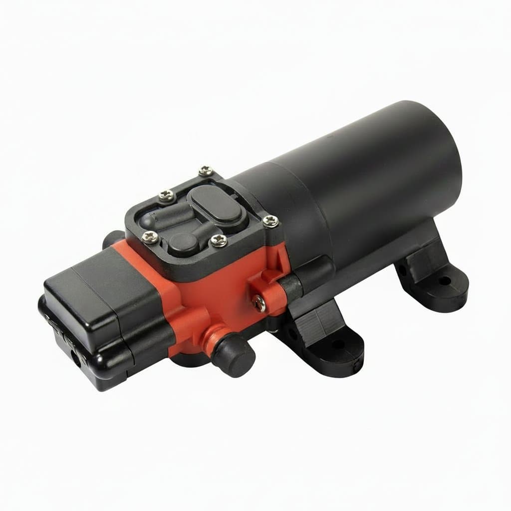 A SEAFLO-21 RV mini diaphragm pump, a self-priming booster pump for fresh water systems.