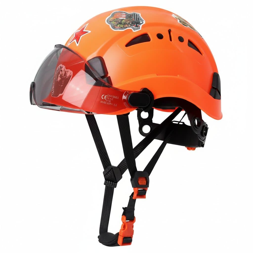 CE safety helmet with goggles and 50 DIY stickers, made from ABS material and ANSI-certified for construction, climbing, riding, and rescue use.