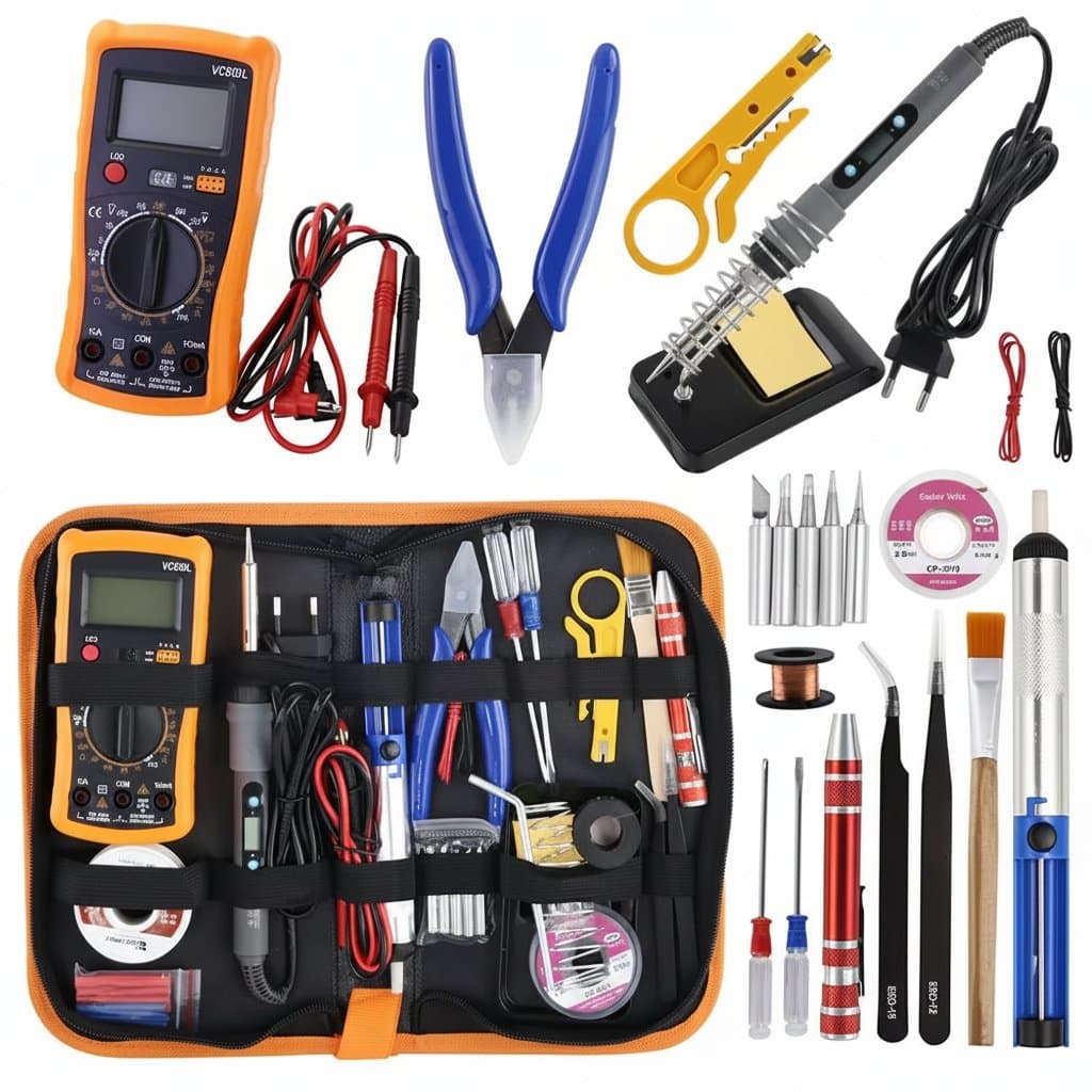 Gray 80W digital soldering iron kit with adjustable temperature control, includes multimeter and tools in a carrying bag for 110V/220V.