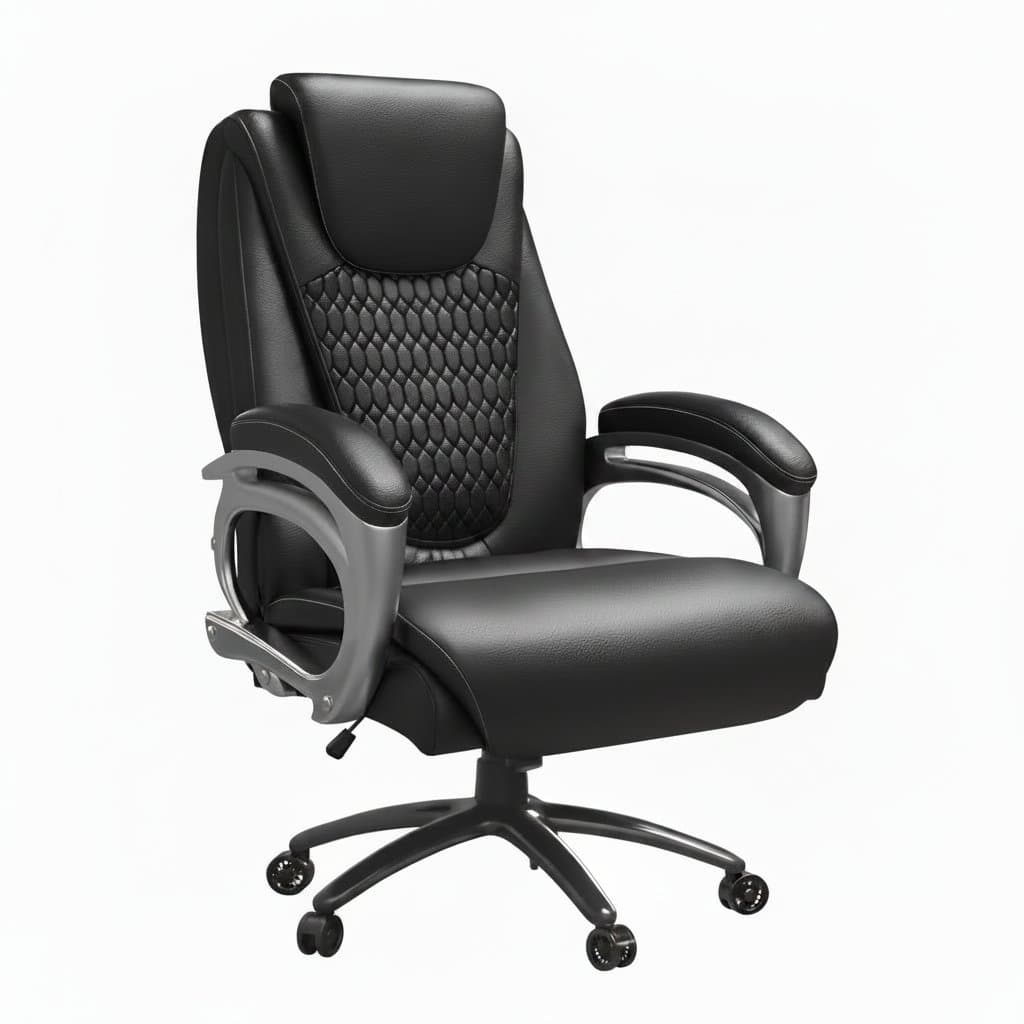 Big and tall office chair with high back PU leather upholstery, adjustable height, and rolling wheels, supporting up to 500 lbs.