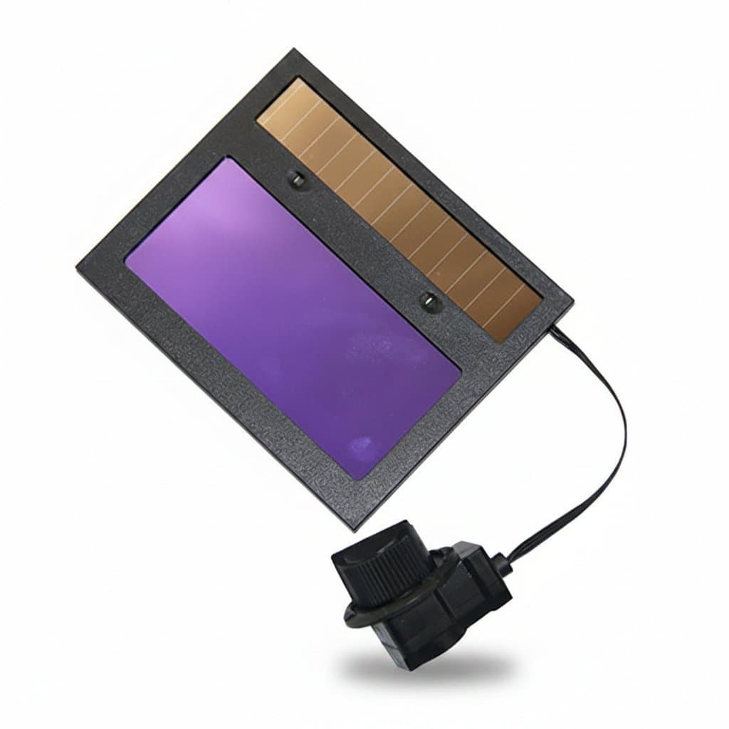 Solar-powered auto-darkening welding lens replacement for helmets, featuring a clear filter window for eye protection and safety.