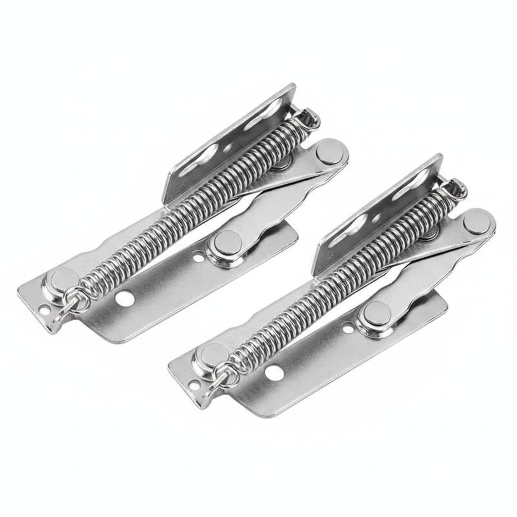 Pair of steel spring door hinges designed to lift and hold cabinet, cupboard, or wardrobe doors open automatically.