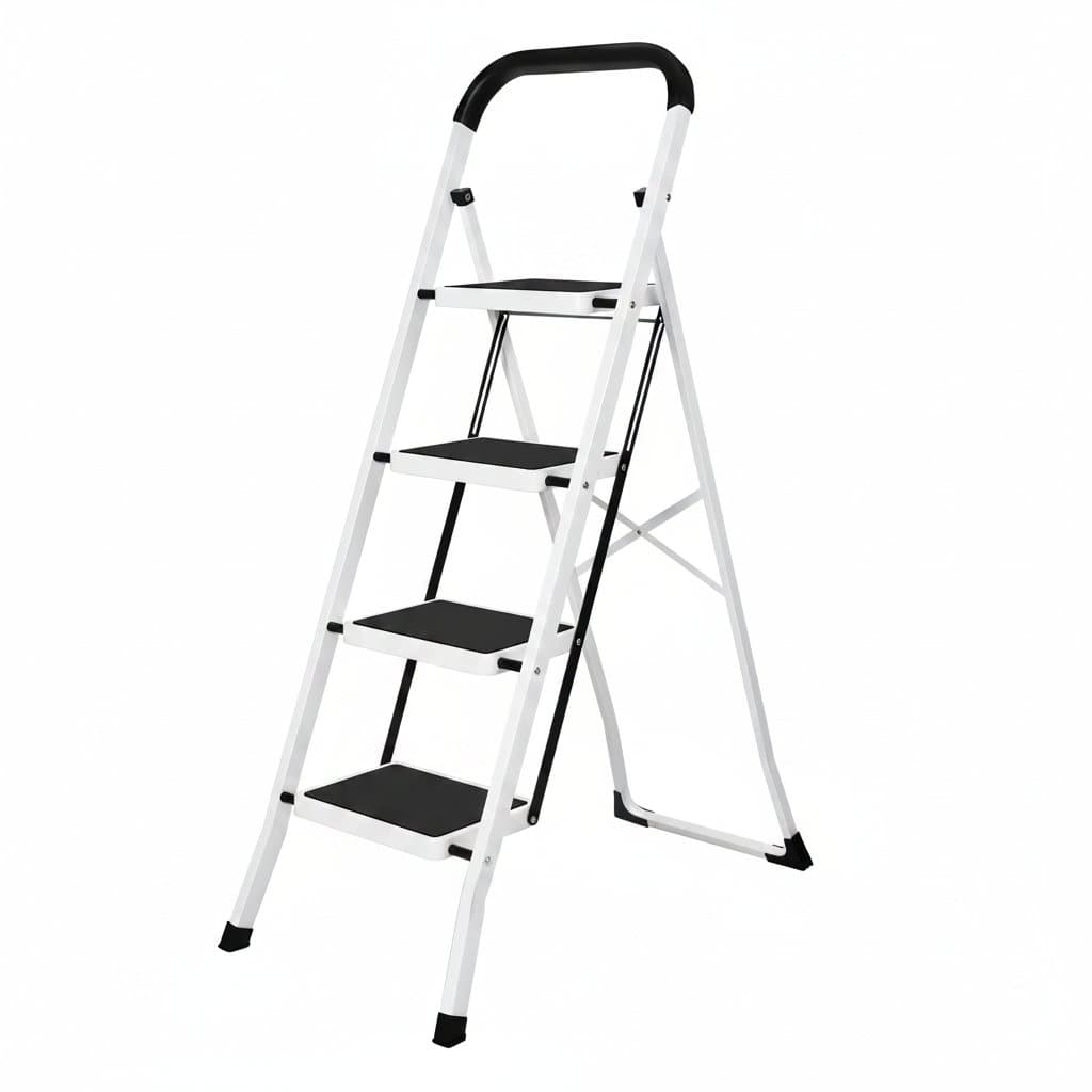 A Deli 4-step folding ladder, portable and lightweight with handgrip, 330lb capacity for closet, kitchen, office, and home use.