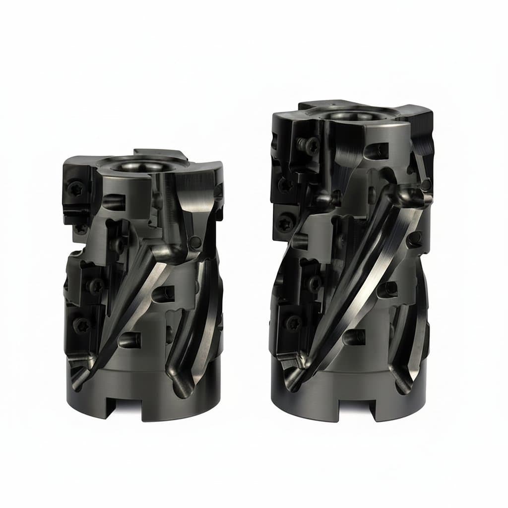 DMIX BAP300R/BAP400R corn milling cutter with spiral groove design for side roughing and machining center operations using APMT1135/1604 inserts.