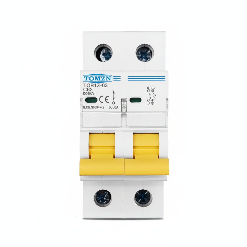 2P DC 600V Circuit Breaker MCB with C curve, a single-pole direct-current fuse for PV solar panel systems and energy storage.
