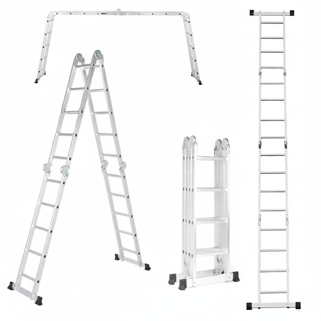 Multipurpose retractable step scaffold and stairs, an aluminum telescopic extension ladder that is collapsible and tall.