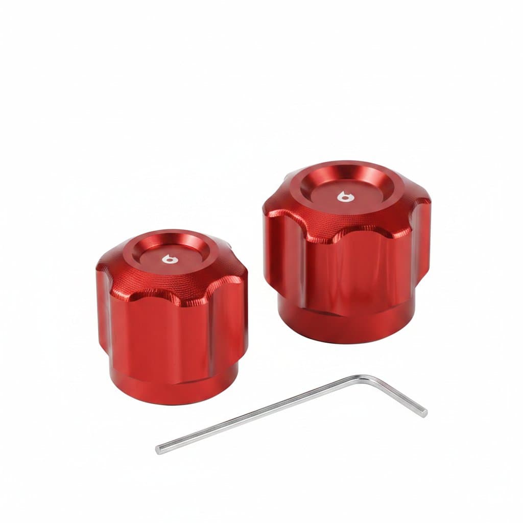A set of aluminum AC service caps, an essential part of a car AC recharge kit, for BMW vehicles.