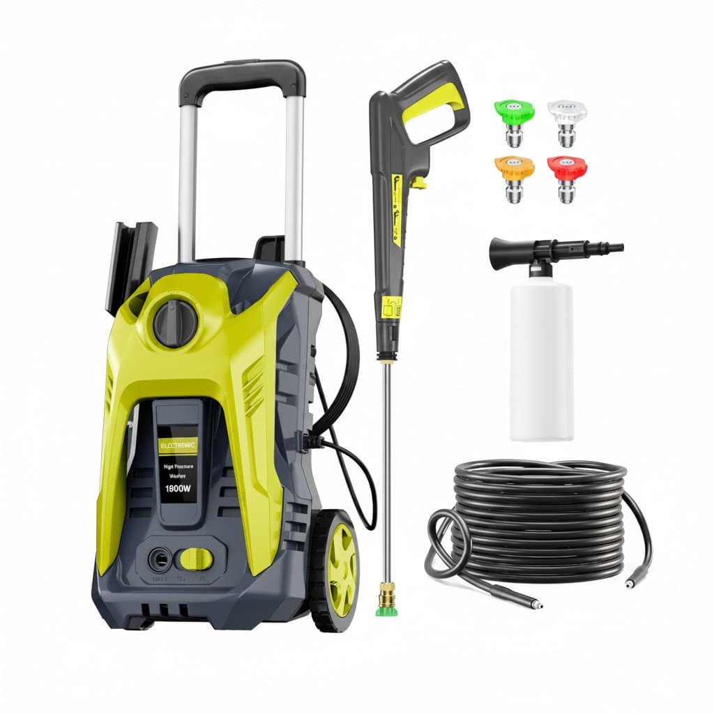 Electric pressure washer with 4800 PSI and 2.9 GPM, includes 25-foot hose and four quick-connect nozzles for cleaning pools, patios, and vehicles.