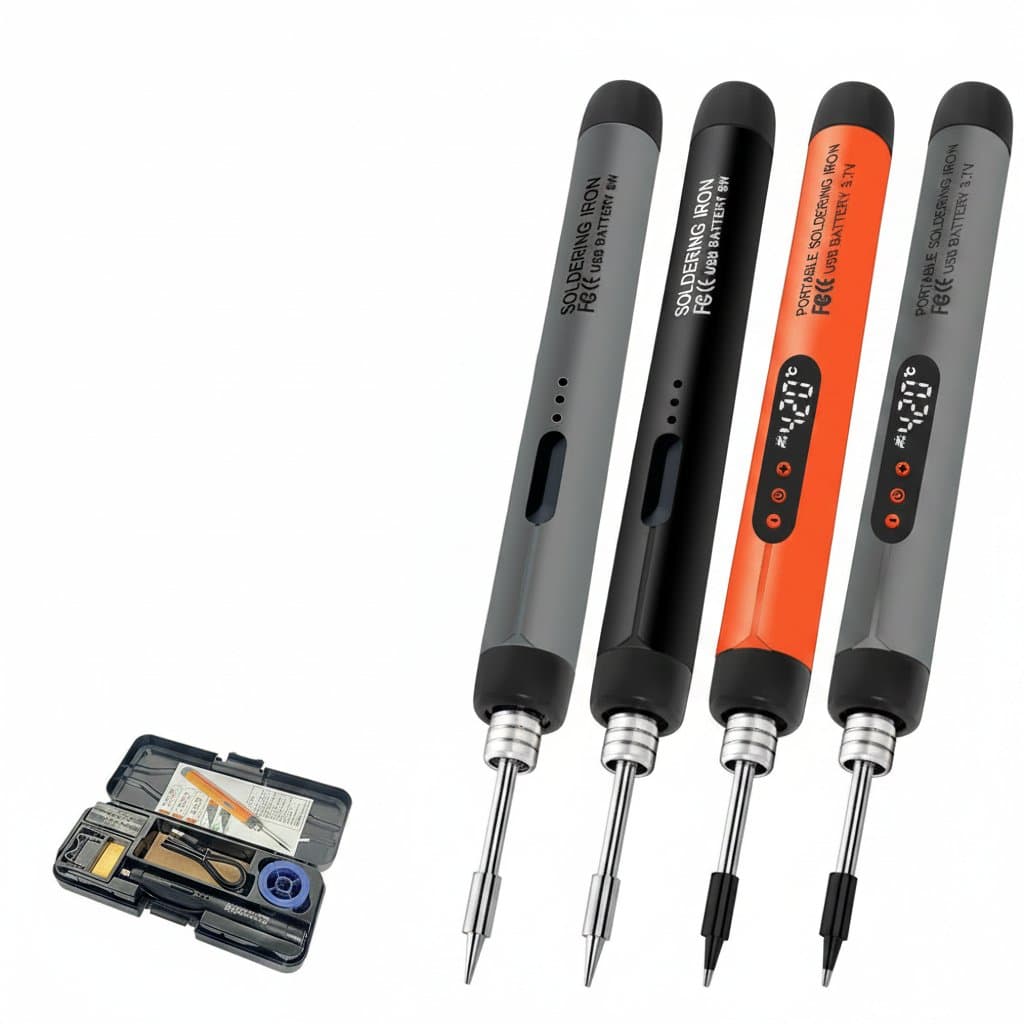 Portable USB-C soldering iron with fast-charging lithium battery for wireless soldering and electronic repair work.