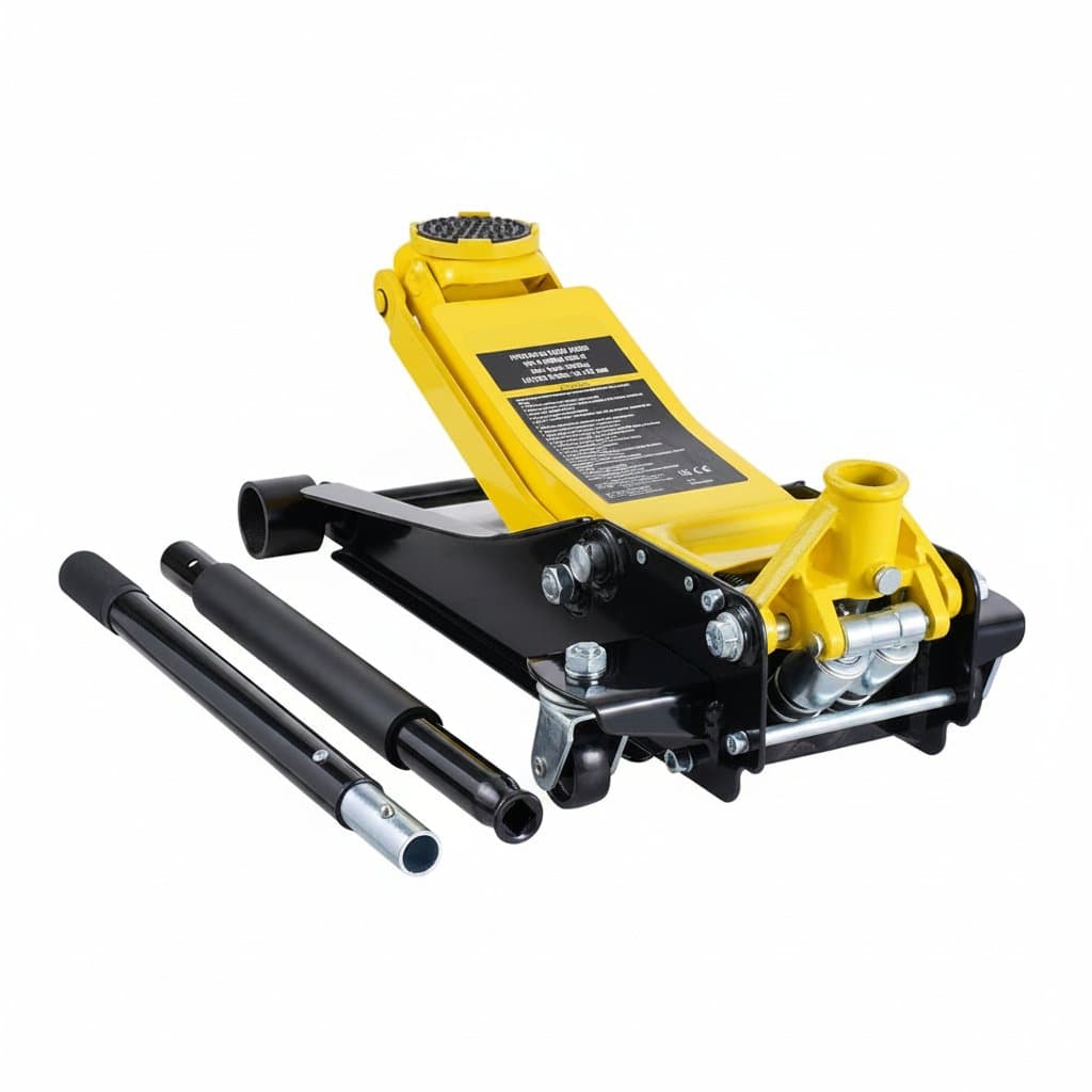 A SucceBuy 2T low profile floor jack, an iron hydraulic racing floor jack perfect as a car jack for changing tires.