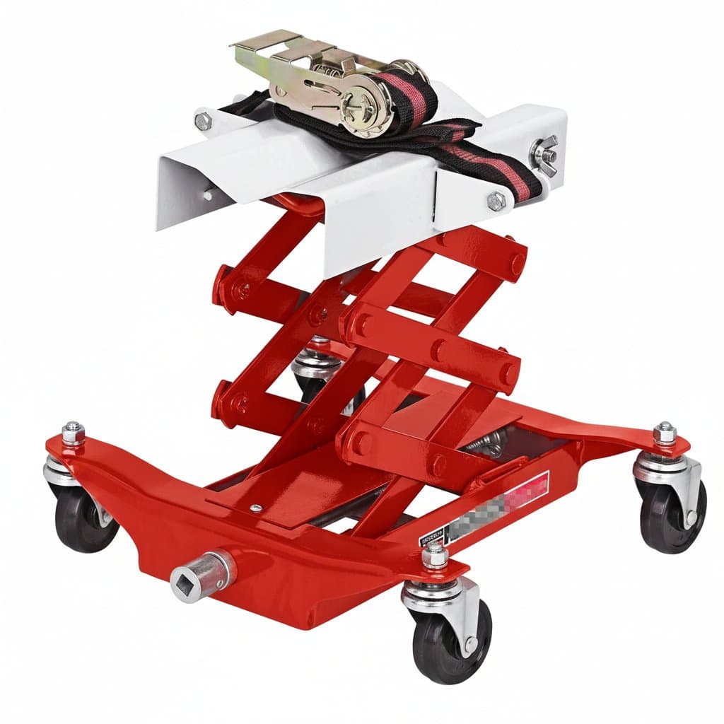 Low profile 450 lb capacity hydraulic transmission jack for auto repair, with high lift, safety straps, and heavy-duty steel construction.