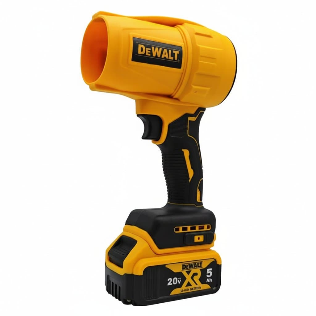 Dewalt 20V cordless air blower with brushless motor, showing the handheld tool with its turbo fan nozzle and battery.