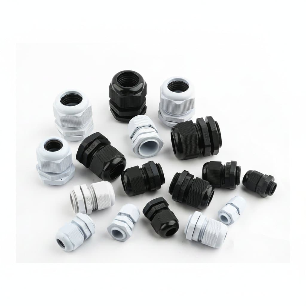 IP68 PG Series Waterproof Cable Gland Connector in white and black nylon plastic, featuring multiple thread sizes for secure electrical cable entry.