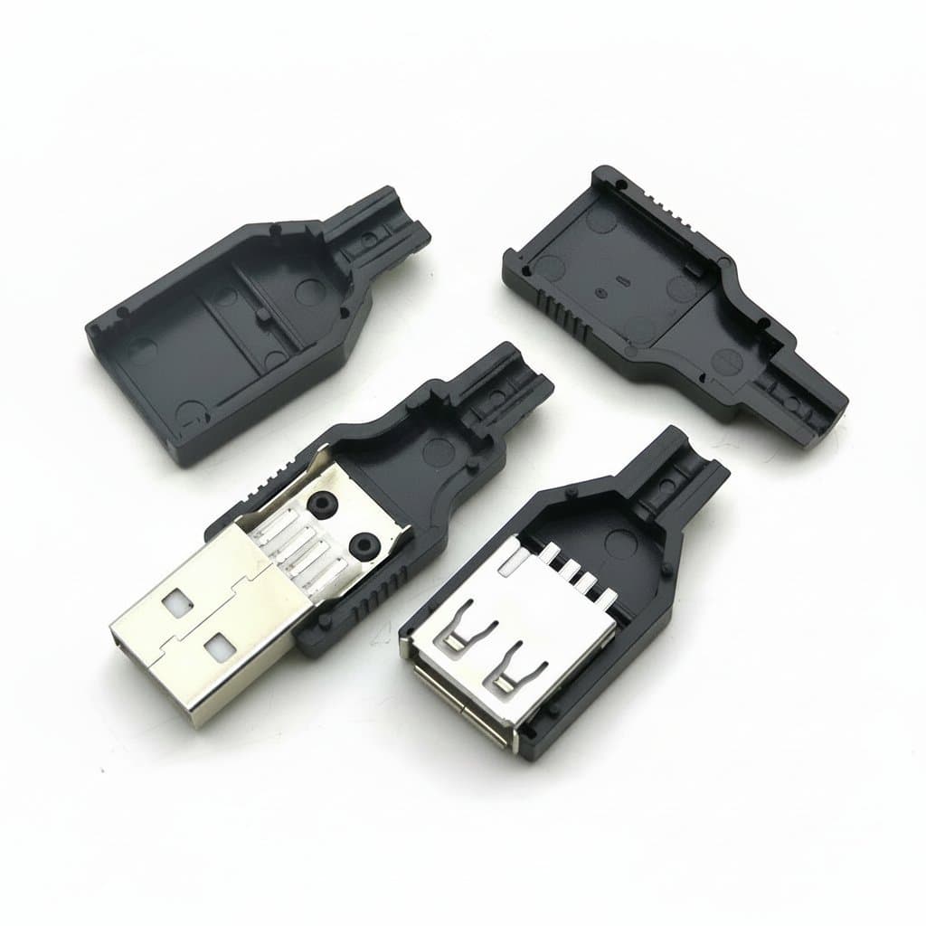 10-piece Type A USB plug and socket connector kit with black plastic covers for DIY electronics projects and repairs.