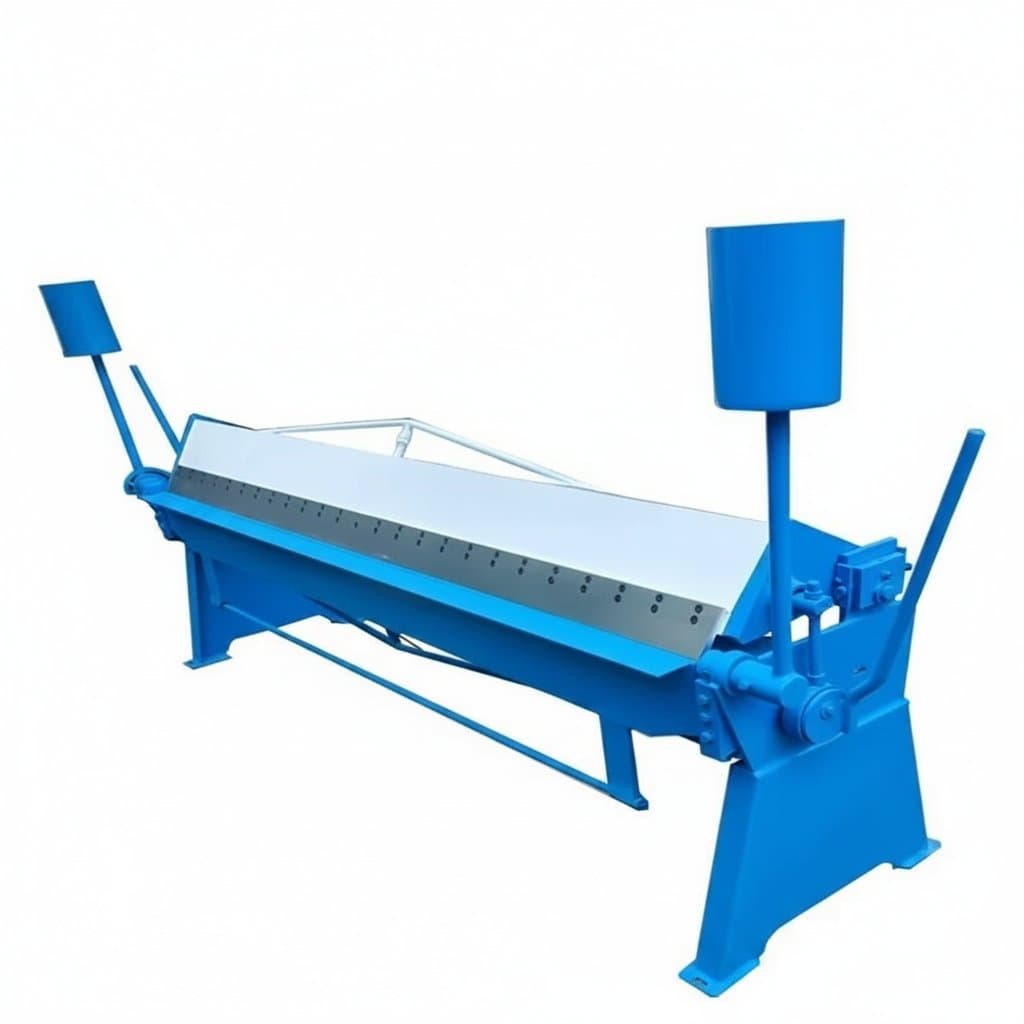 10-Foot Manual Sheet Metal Brake with box and pan fingers, shown bending a metal sheet on its durable steel work table.