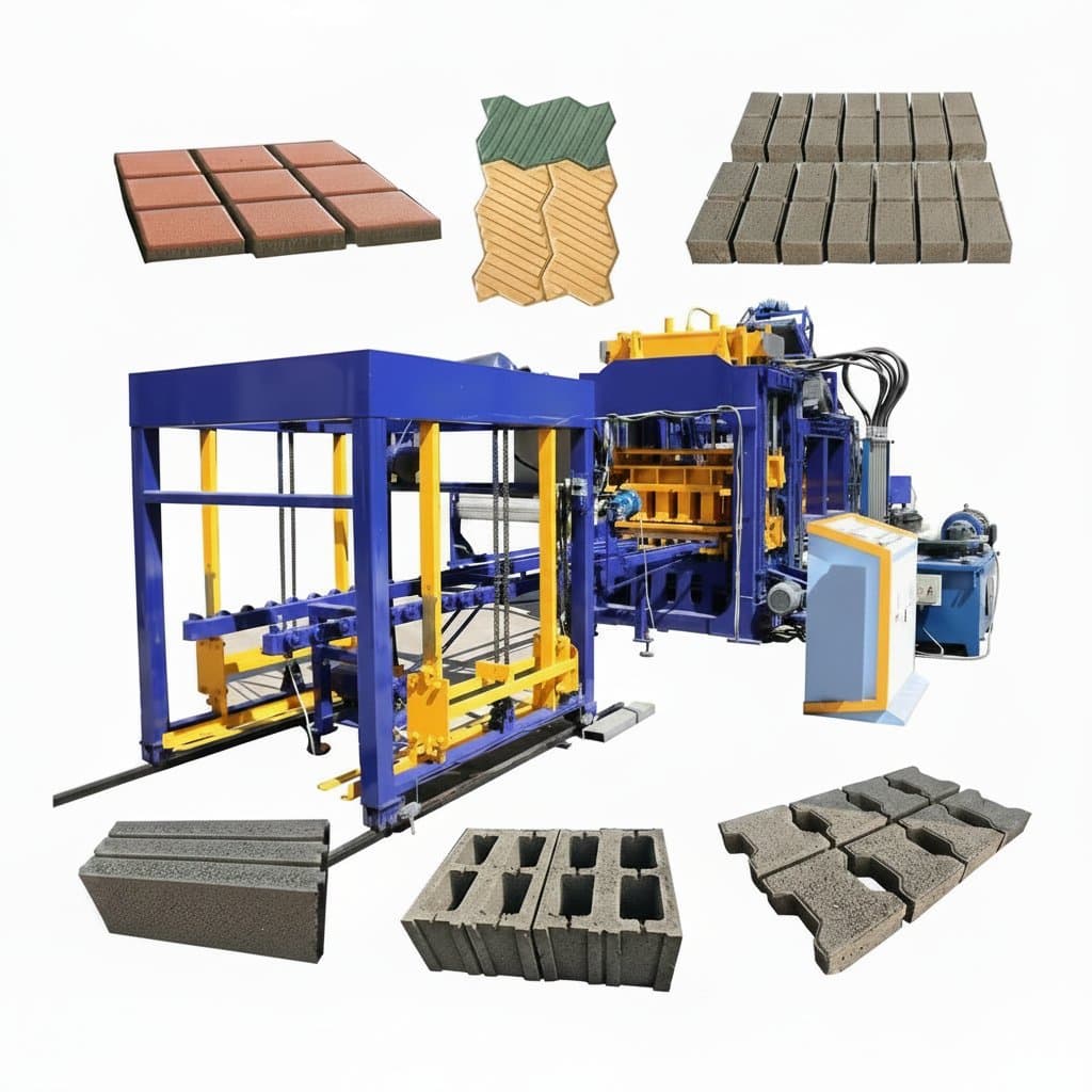 QT4-15 fully automatic hydraulic interlocking concrete block making machine producing hollow blocks on a factory floor.