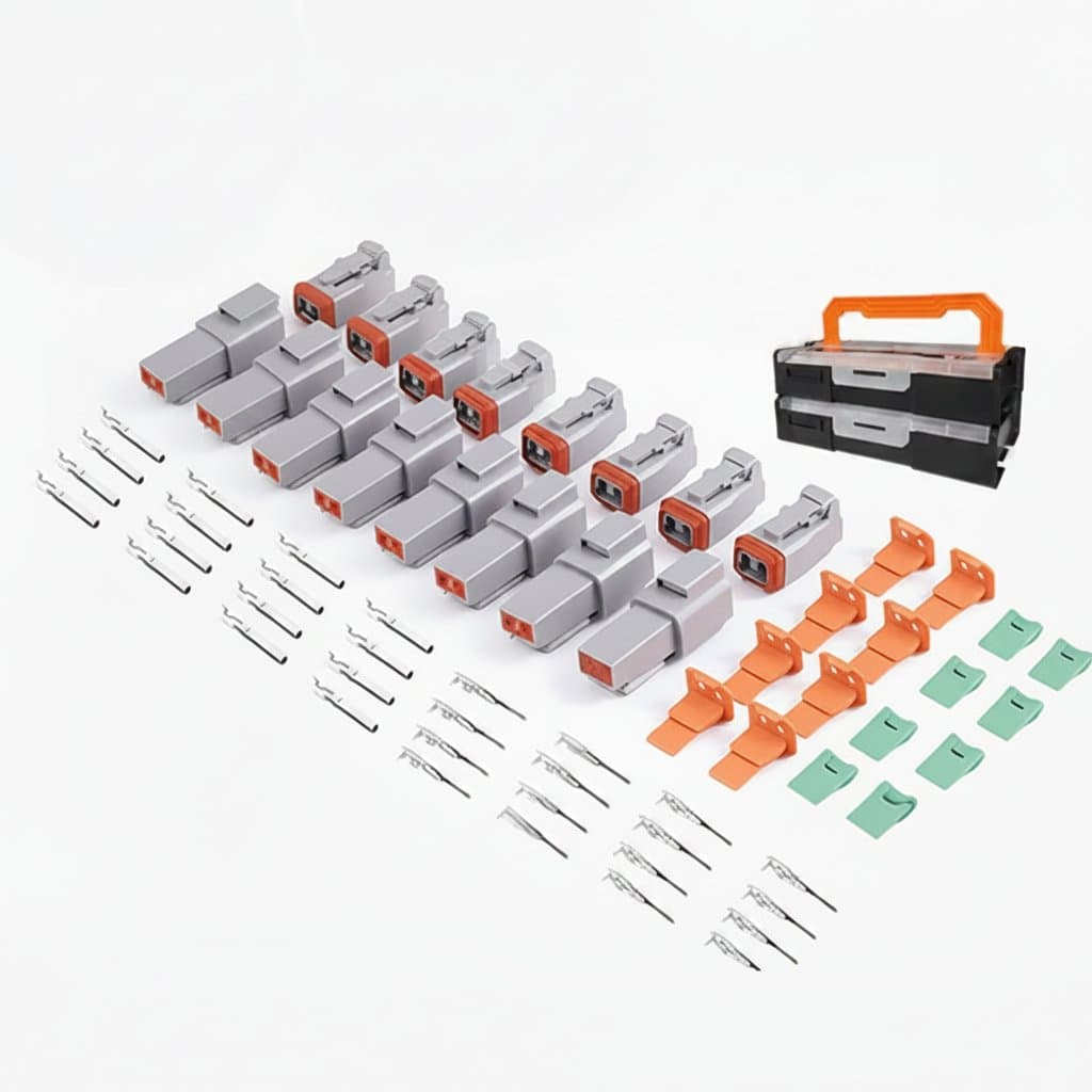 Deutsch DT Series waterproof automotive electrical connector kit with 588 pieces including 2, 3, 4, 6, 8, and 12 pin male and female plugs.