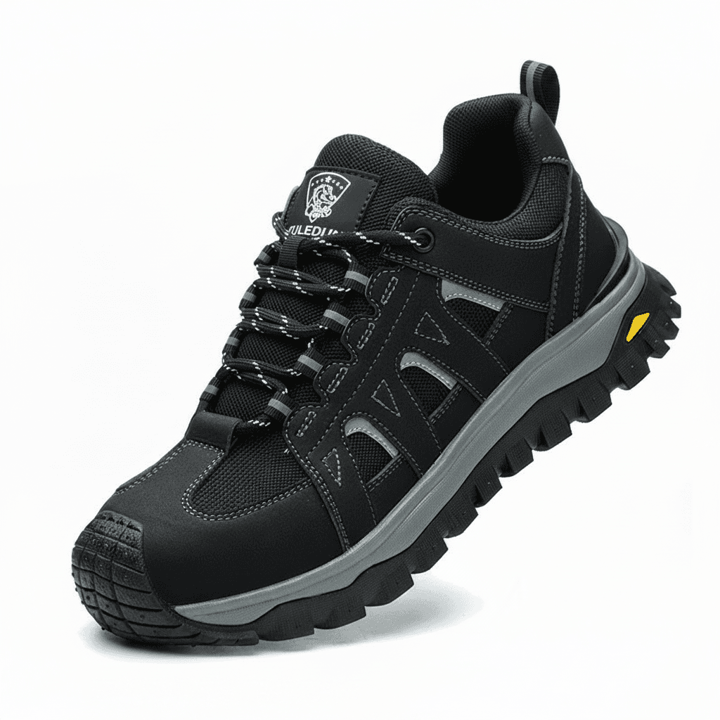 Steel Toe Safety Shoes Men, a pair of black and grey work shoes.