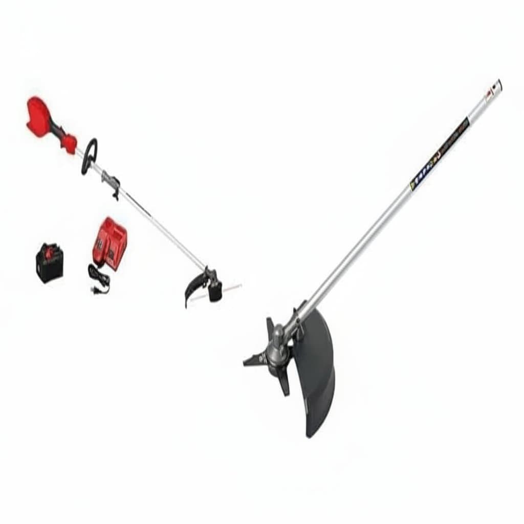 Milwaukee M18 18V cordless string trimmer and edger with brush cutter attachment, shown with battery and charger.