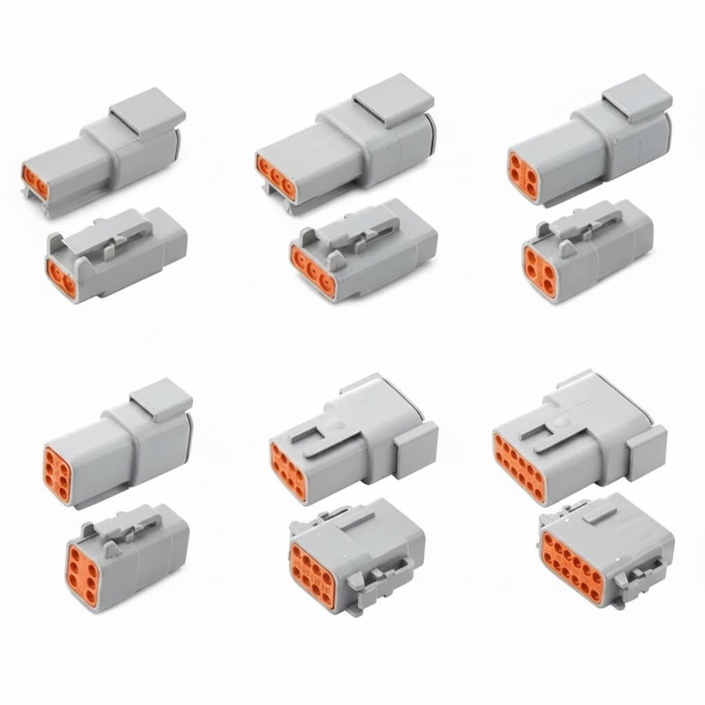 Multi-Pin Deutsch DTM waterproof connector kit with 2, 3, 4, 6, 8, and 12-pin options for automotive and bus engine wiring harnesses.