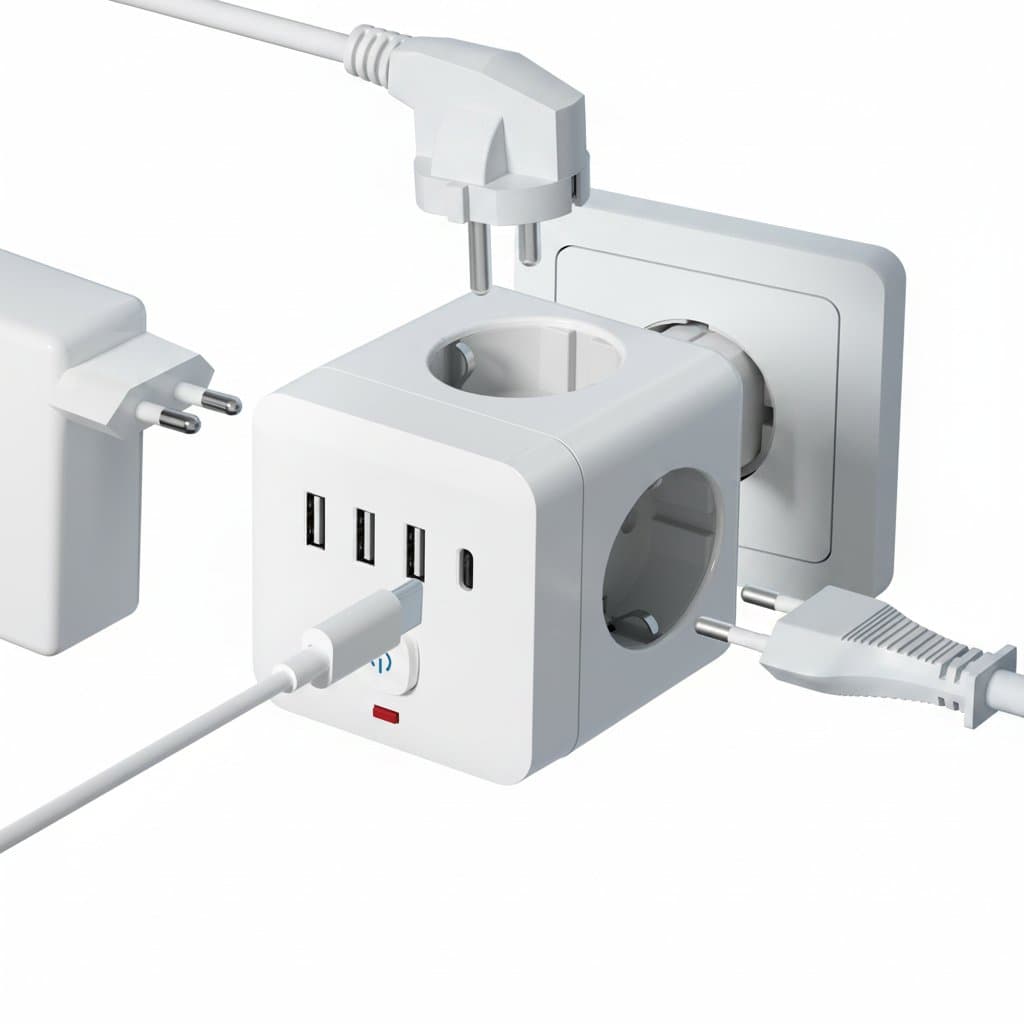 7-in-1 EU power strip with surge protection, featuring 3 AC outlets, 3 USB ports, and 1 USB-C port on a compact desktop charging station.