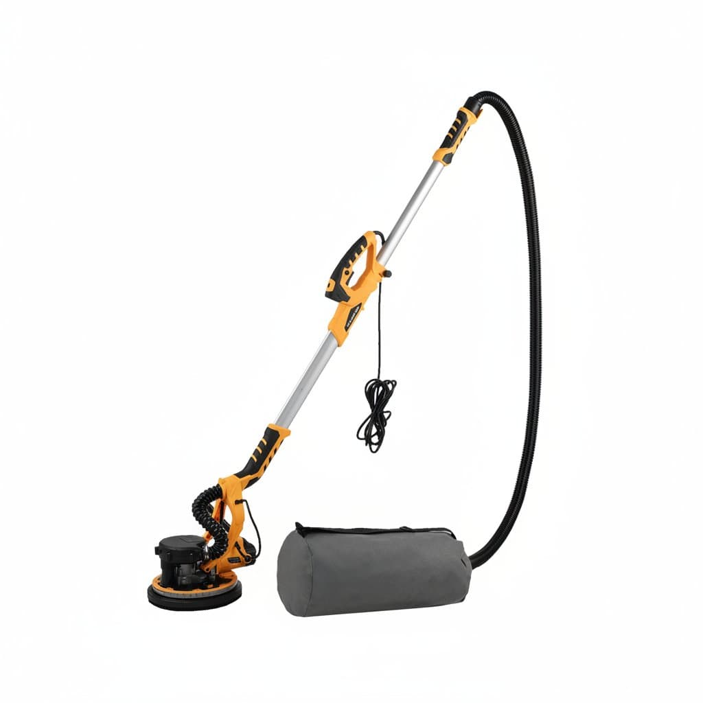 1390W electric drywall sander with variable speed control (800-1800 RPM), extendable handle, and 20 sanding discs for wall smoothing.