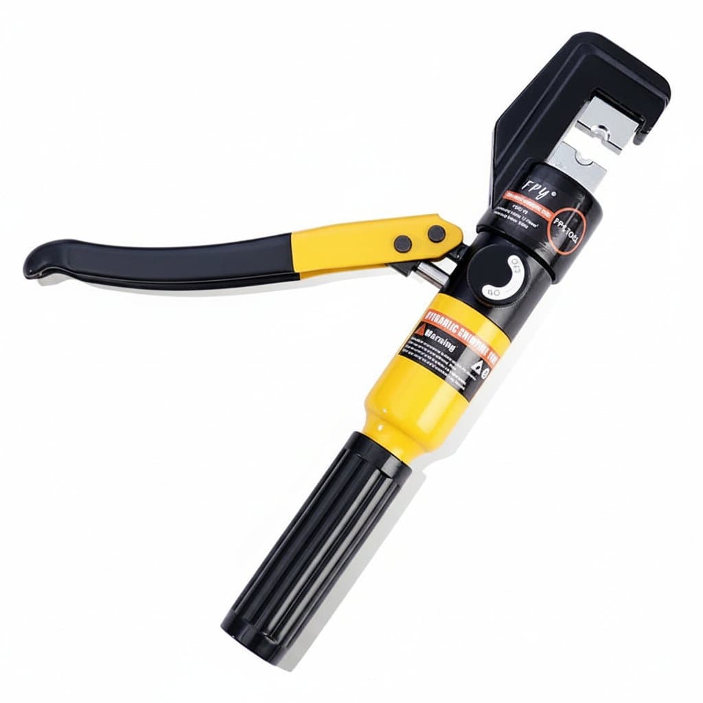 Professional hydraulic battery cable crimper tool with 9 pairs of interchangeable dies for secure wire terminal connections.