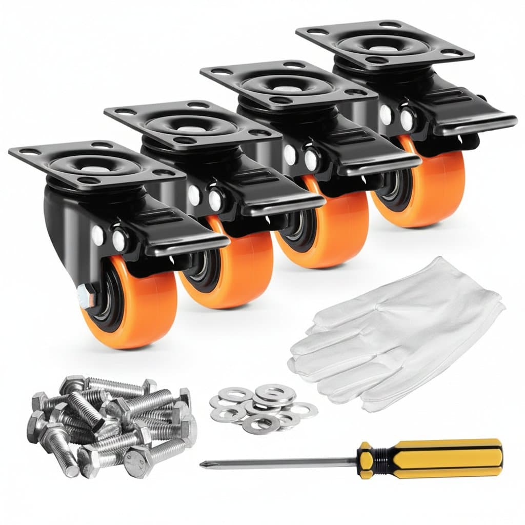 A set of four 2-inch swivel plate casters, not wheel chocks, with dual-locking PVC wheels for carts.