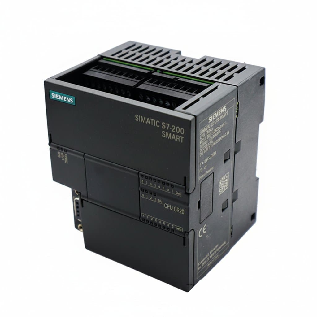 Siemens S7-200 SMART CR20s compact PLC with AC power supply, DC inputs, and relay outputs for industrial automation control.