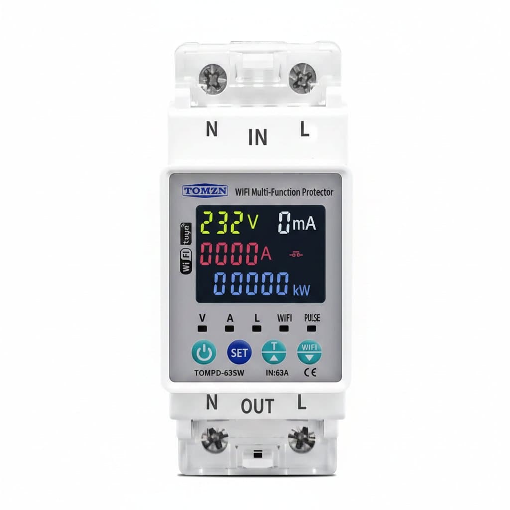 TOMZN 2P 63A smart WiFi circuit breaker with energy metering, timer, and leakage protection for 110V/220V systems.