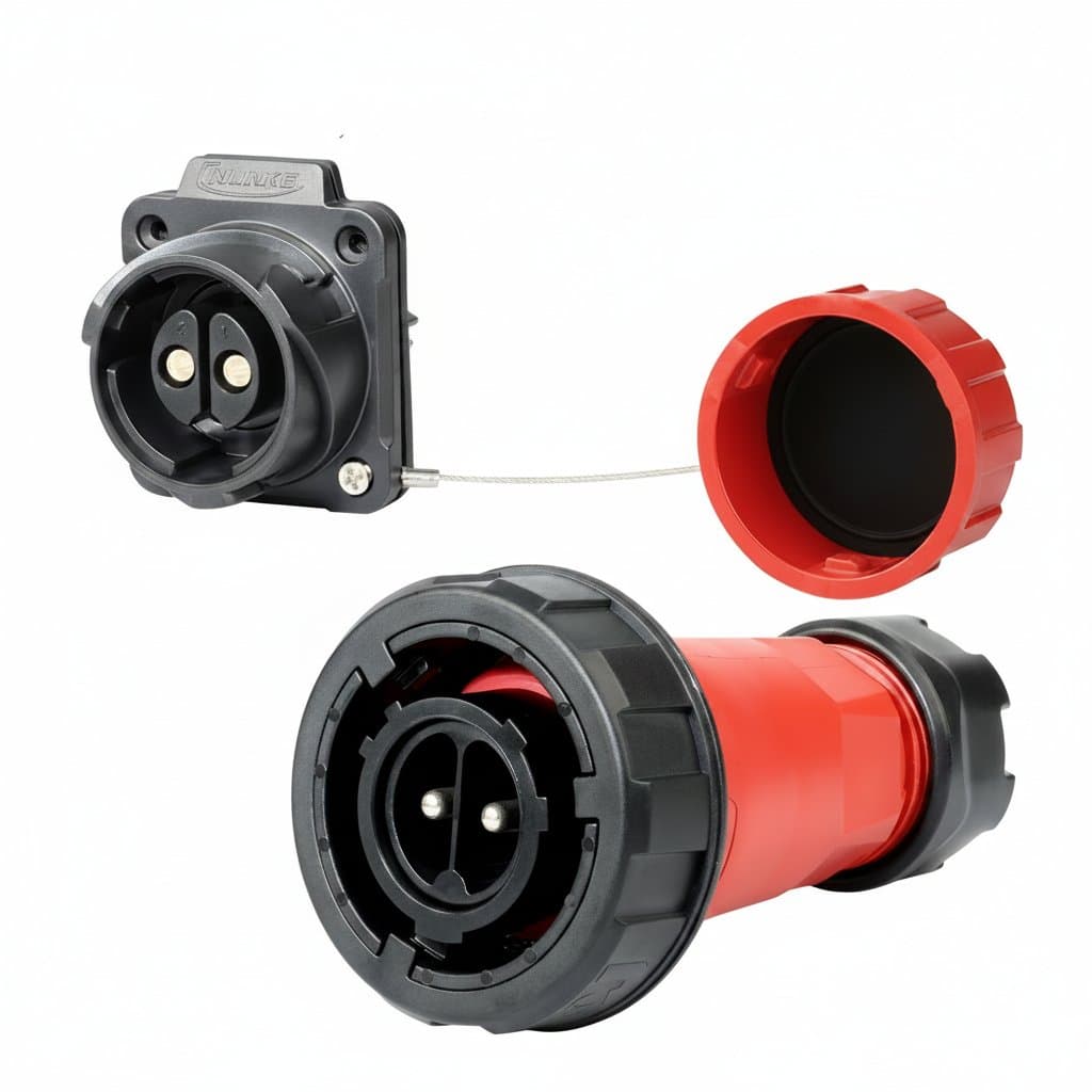 CNLINKO M28 waterproof connector IP68 rated for 35A or 50A power, showing male plug and female socket with 5-pin configuration.