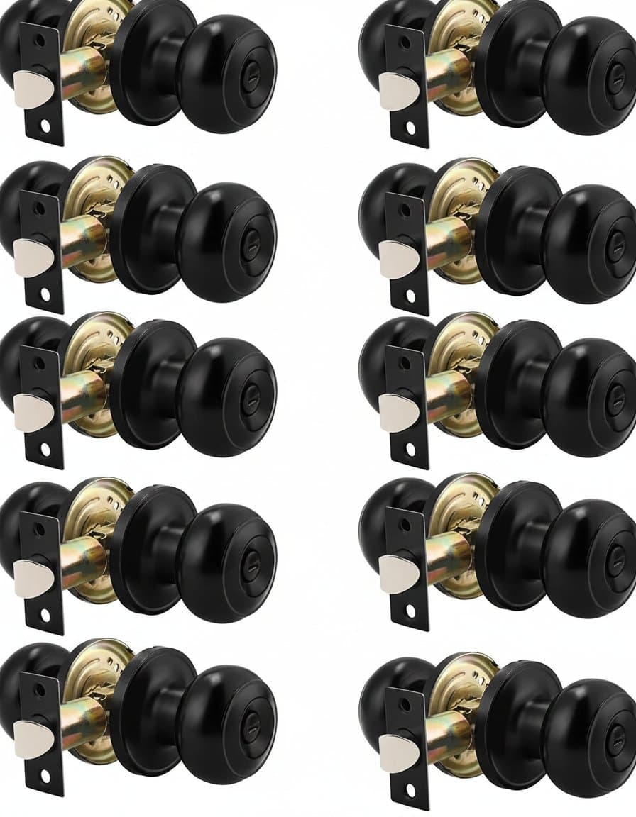10-pack of black round privacy door knobs with keyless lock. Modern design for interior or exterior bedroom and bathroom doors.