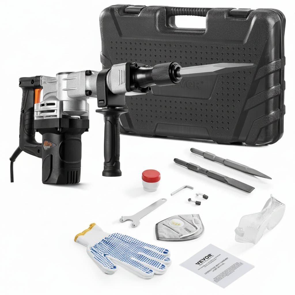 SucceBuy 1400W Electric Demolition Jack Hammer with two chisel bits, safety gloves, and carrying case on a concrete surface.