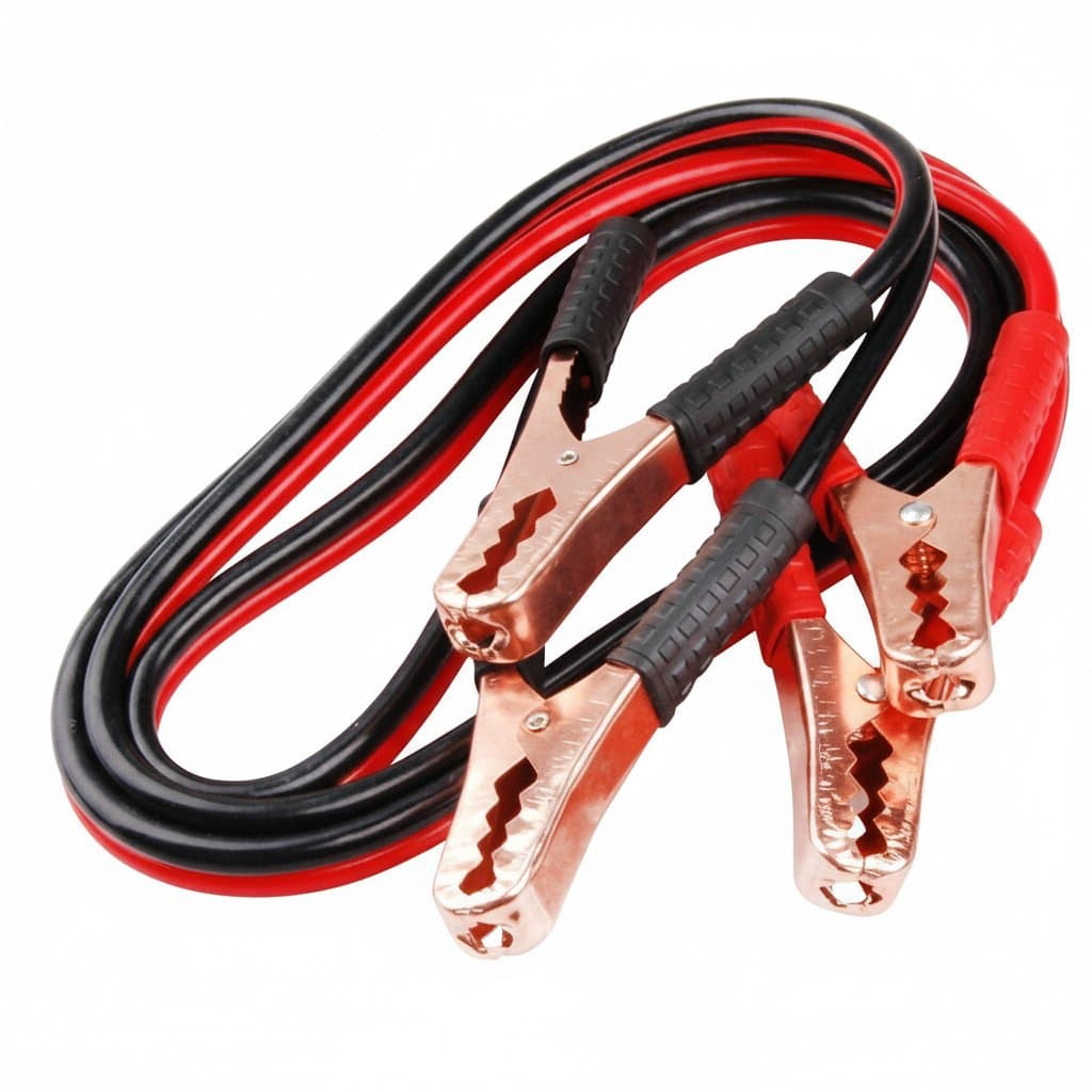 Heavy-duty jumper cables for car battery, 20 feet long, with strong clamps for reliable jump-starting.