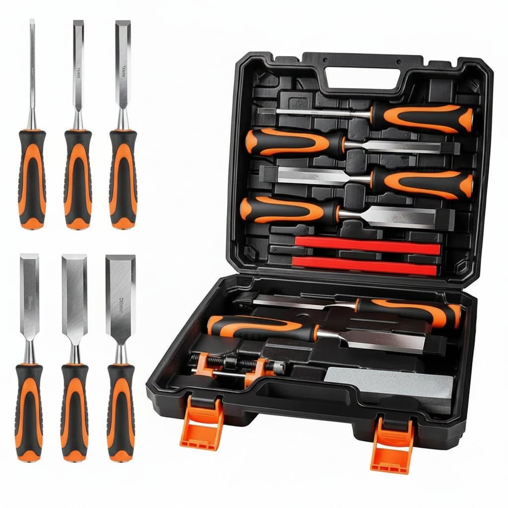 Professional 10-piece explosion-proof woodworking chisel set with ergonomic handles and a durable storage case.