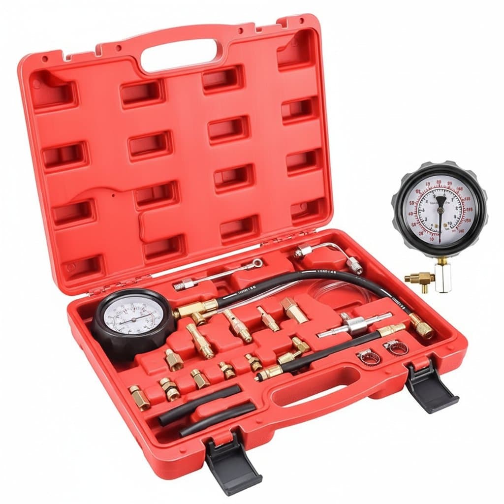 TU-114 fuel injector pressure gauge tester kit for diesel engine compression, 0-140 PSI. Essential gas and oil pressure tools for car and motorcycle maintenance, featuring a clear fuel pressure gauge.