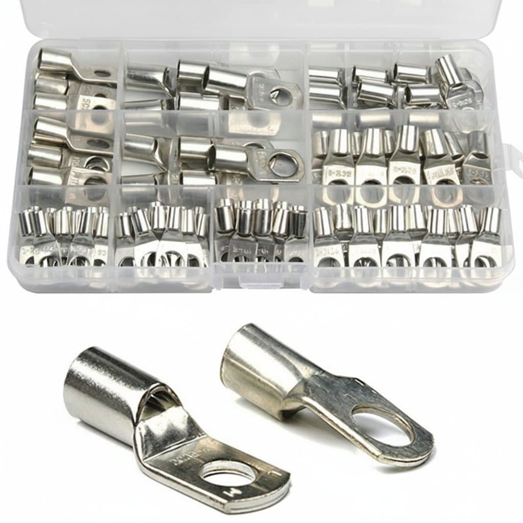 70 to 240 piece ring terminal kit with tinned copper lugs for 35mm2 wire, a complete electrical connectors set for professional wiring.