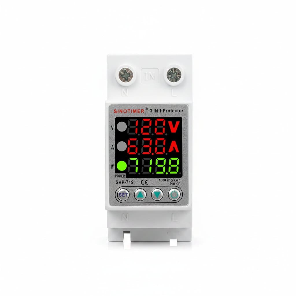 DIN rail mounted 40A 63A over and under voltage current protector relay with kWh meter for 110V 120V AC power monitoring