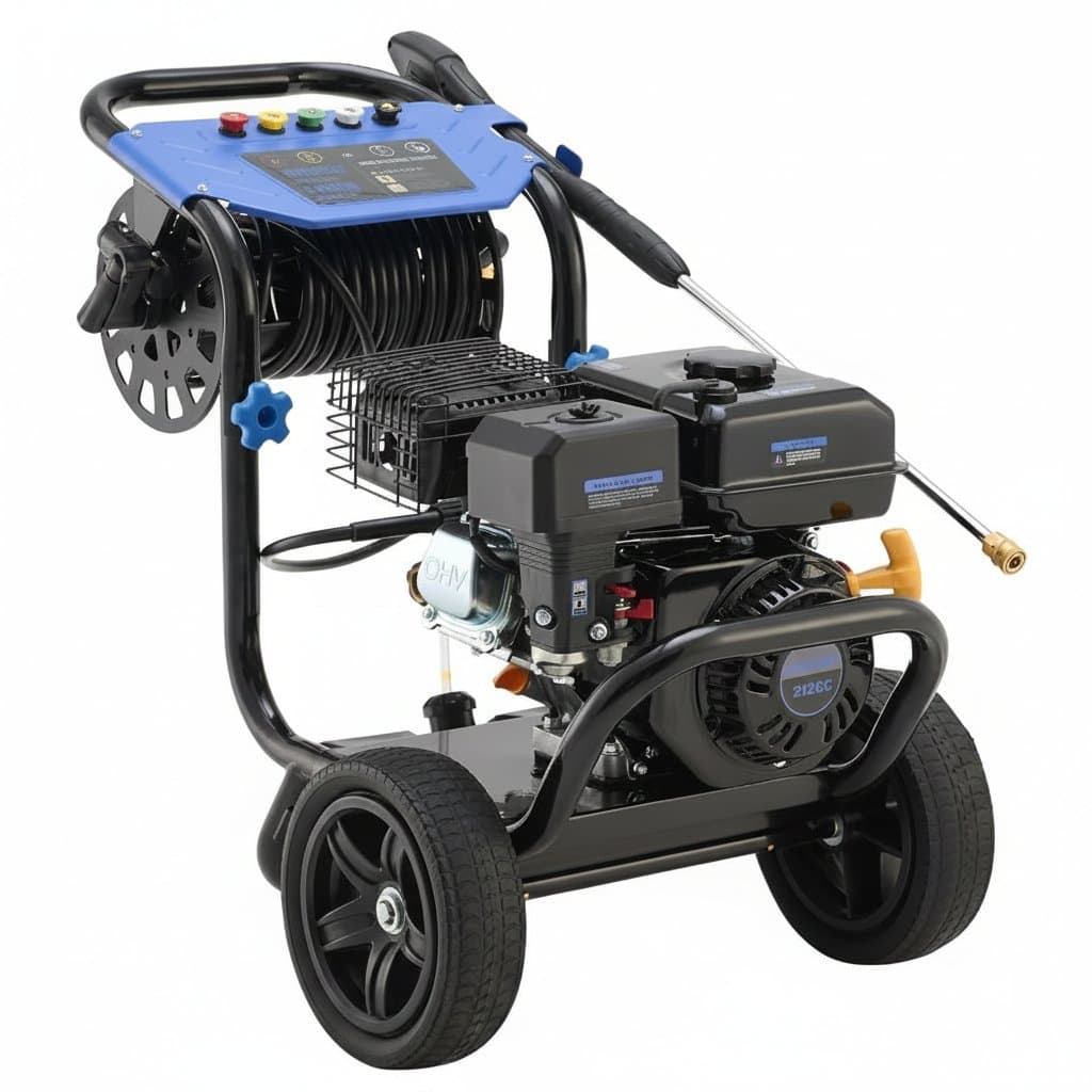 Heavy-duty gas pressure washer with 3600 PSI, 2.3 GPM flow, 212cc engine, 30-foot hose, axial aluminum pump, and built-in soap tank.