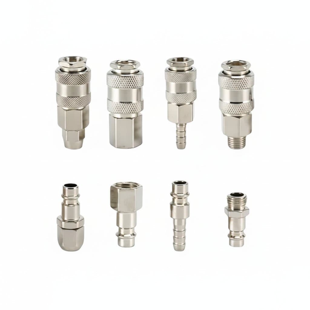 HEBAI EU European Standard quick coupling connector for air compressors, with 1/4, 3/8, and 1/2 inch male thread options in a durable chrome finish.