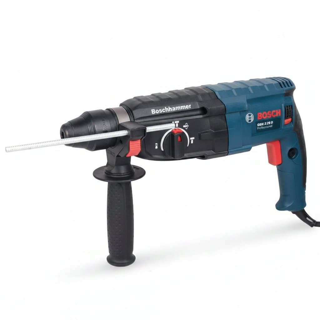 Bosch GBH 1100W rotary hammer drill with SDS-Plus chuck for heavy-duty concrete, brick, and stone drilling applications.