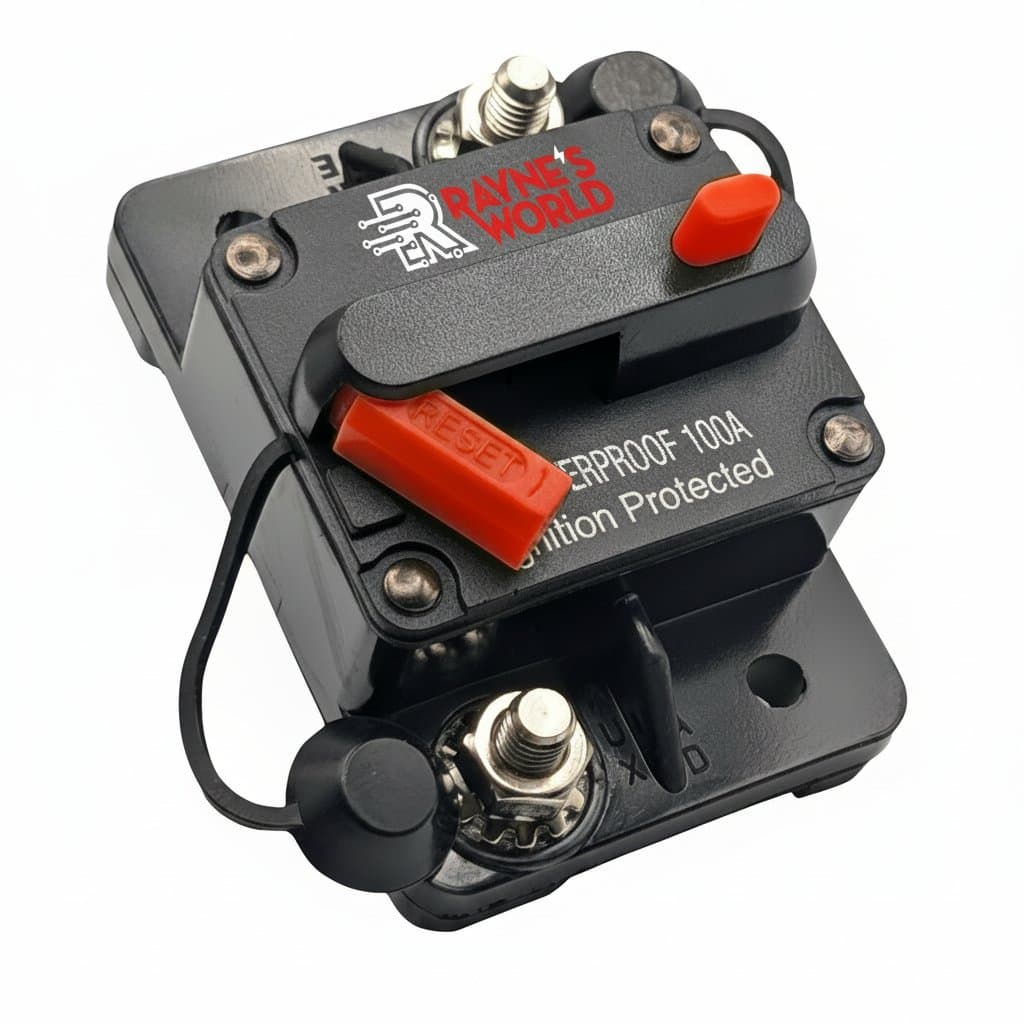 Rayne's World 30-300 Amp manual reset circuit breaker for 12-48V DC systems, featuring a waterproof black casing with silver terminals.