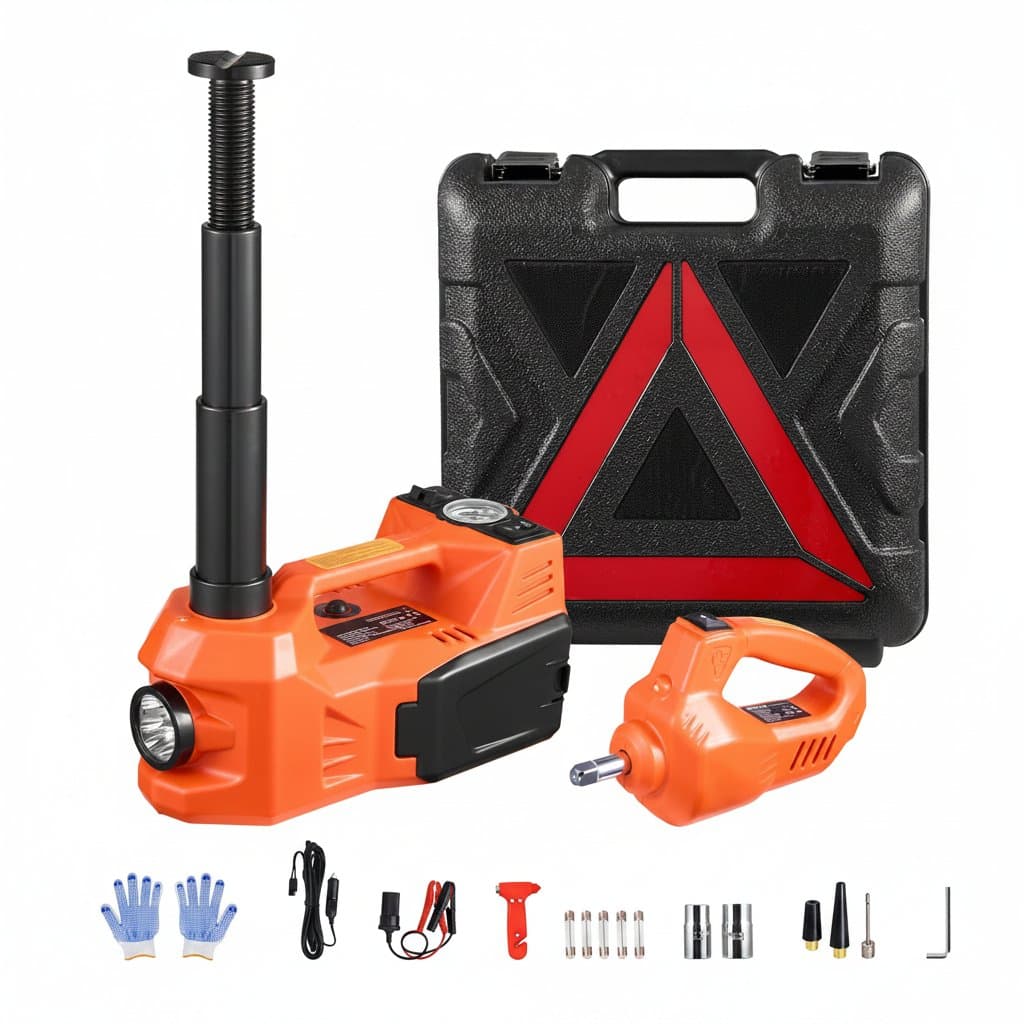 SucceBuy 5T electric car jack for changing tires, with a built-in inflator, 12V power, and LED light.