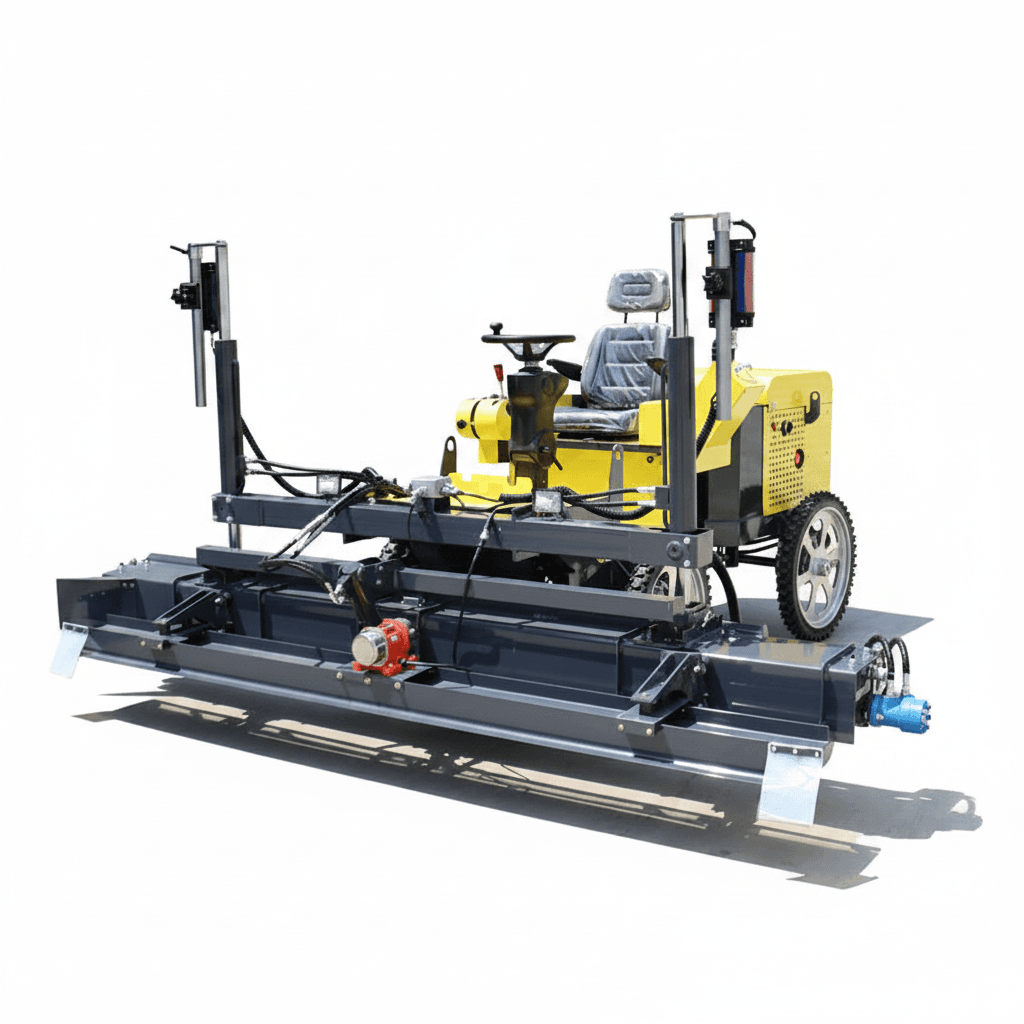 Concrete Laser Screed Machine leveling wet concrete on a large industrial floor, featuring dual rollers and a sturdy frame.