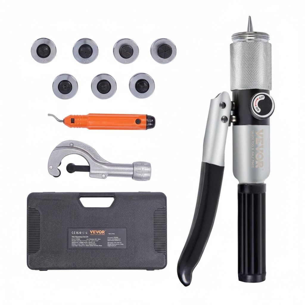 SucceBuy Hydraulic Tube Expander Tool with 7 pipe expander heads and deburring tool for copper, aluminum, brass, and soft steel pipes.