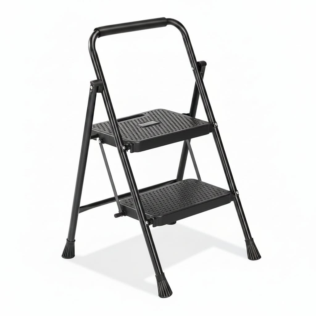 JHK folding 2 or 3-step ladder stool with anti-slip pedal, 800lb capacity, sturdy steel frame, and cushioned handle for kitchen use.